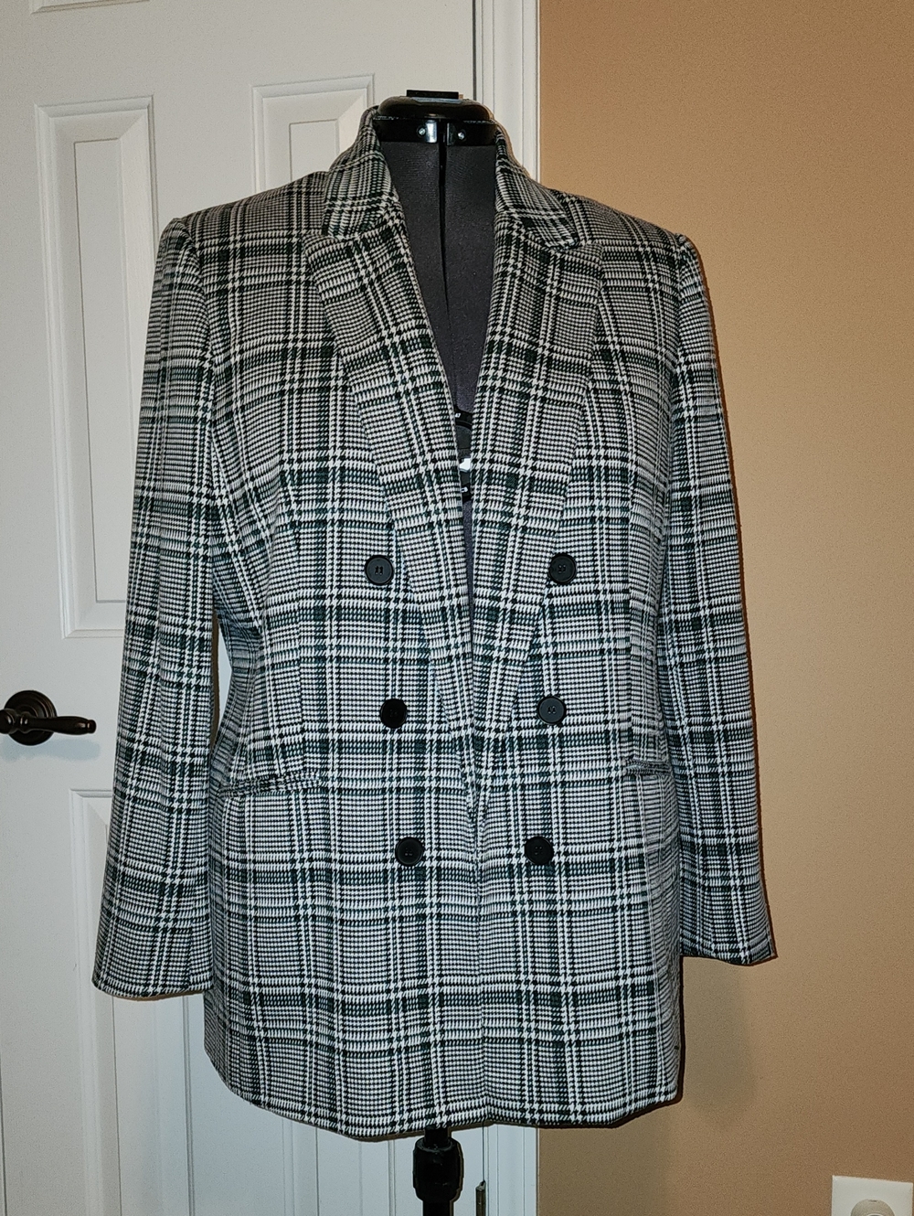Bar III Black, White, and Green Striped Plaid Double-Breasted Blazer